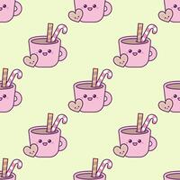 Kawaii cup of cocoa with cookies. Seamless pattern, infinite texture vector