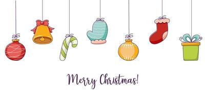 Merry Christmas, a festive backdrop with Christmas tree decorations and doodle style trinkets. vector