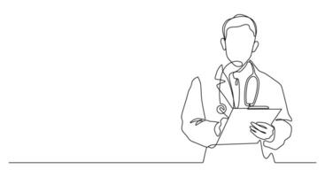 doctor with gown, stethoscope and holding clipboard pose one line drawing vector
