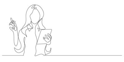 business woman using digital tablet one line drawing continuous vector