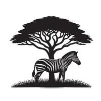 silhouette of zebra under tree in field of savannah vector