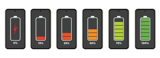 Discharged and fully charged smartphone battery. Set of battery level indicators. From zero to one hundred percent. vector