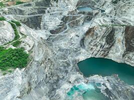 Open pit mine industry. Limestone quarry with backhoe and truck in operation. Heavy machinery in mining industry and construction material supply. Landscape of resource extraction in a industrial site photo