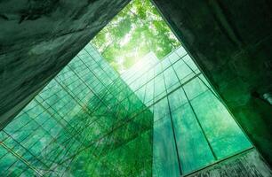 Eco-friendly building in the modern city. Sustainable glass office building with tree for reducing heat and carbon dioxide. Office building with green environment. Corporate building reduce CO2. photo
