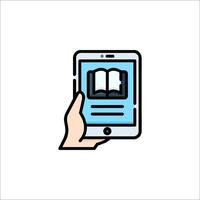 Hand holding tablet with book icon vector