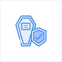 A blue line icon of a coffin and a check mark vector