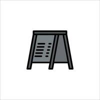 A black and white icon of a table with a sign on it vector