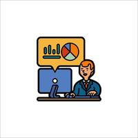 Businessman working on computer with pie chart icon vector