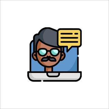 un hombre con lentes y un Bigote es hablando en un computadora vector