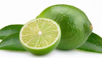 Front view of green lemon fruit with slice or quarter and green leaf is isolated on white background photo
