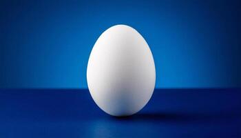 Front view of single fresh white chicken egg is isolated on a dark blue background. photo
