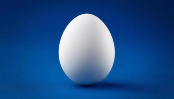 Front view of single fresh white chicken egg is isolated on a dark blue background. photo