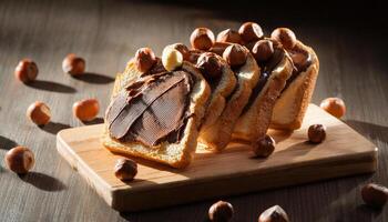 Board of bread with chocolate paste and hazelnuts on wooden background. photo