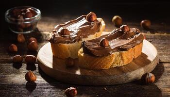 Board of bread with chocolate paste and hazelnuts on wooden background. photo