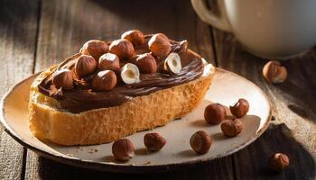 Board of bread with chocolate paste and hazelnuts on wooden background. photo