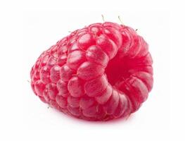 Two juicy perfect raspberries lie on a leaf, isolated on a white background. photo