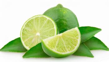 Front view of green lemon fruit with slice or quarter and green leaf is isolated on white background photo