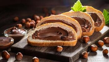 Board of bread with chocolate paste and hazelnuts on wooden background. photo