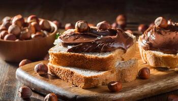 Board of bread with chocolate paste and hazelnuts on wooden background. photo