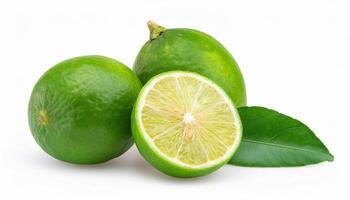 Front view of green lemon fruit with slice or quarter and green leaf is isolated on white background photo