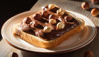 Board of bread with chocolate paste and hazelnuts on wooden background. photo