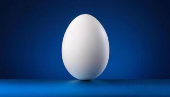 Front view of single fresh white chicken egg is isolated on a dark blue background. photo