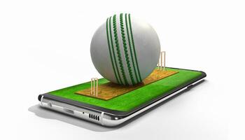 Cricket ball with mobile concept isolated background. 3d rendering illustration. photo