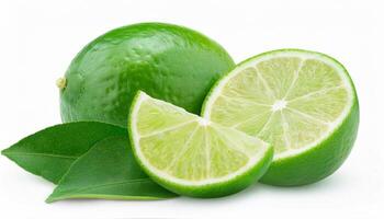 Front view of green lemon fruit with slice or quarter and green leaf is isolated on white background photo