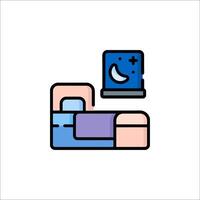 A bed with a clock and a night light vector