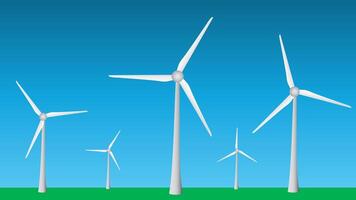 Modern windmills to generate electricity from wind in open field and sky for renewable energy industry video