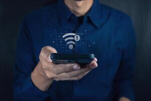 Man using a smartphone with no internet connection on screen. No internet access or bad connection concept. photo