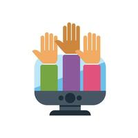 People raising hands from computer screen for online voting vector