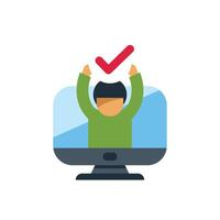 Happy man celebrating success online with check mark symbol on computer screen vector