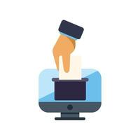 Businessman hand putting vote in ballot box on computer screen vector
