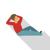 Young man lying down relaxing with hands behind head flat design icon vector