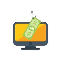 Cyber security concept with fishing hook catching dollar banknote on computer screen vector
