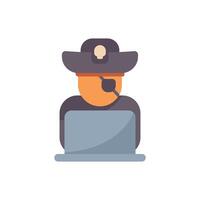 Hacker with eyepatch working on laptop using software for cybercrime vector