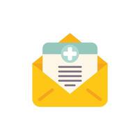 Yellow open envelope containing medical test results with plus sign vector