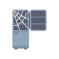 Old empty fridge with cobwebs inside is open showing nothing inside vector