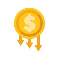 Golden coin with dollar sign and three down arrows showing decrease concept vector