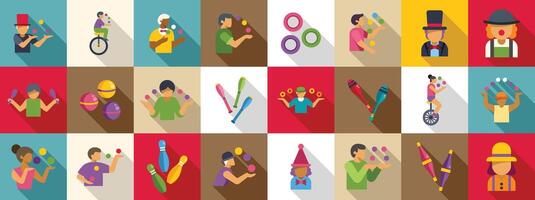 Juggler icon set. Jugglers and circus performers showing their skills with balls, clubs, rings and unicycles vector