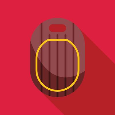Brown cutting board with yellow border and hanging hole on red background