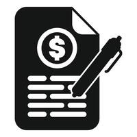 Black and white icon of a pen signing a financial document with a dollar symbol vector