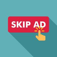 Finger is pushing skip ad button on a red rectangle vector