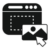 Cursor clicking image icon overlaying web browser window with marquee selection, vector