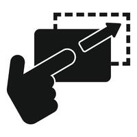 Expanding touch screen area by dragging with finger and arrow icon, simple black glyph icon vector