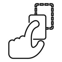 Hand holding and tapping smartphone with attached cable for charging or data transfer vector