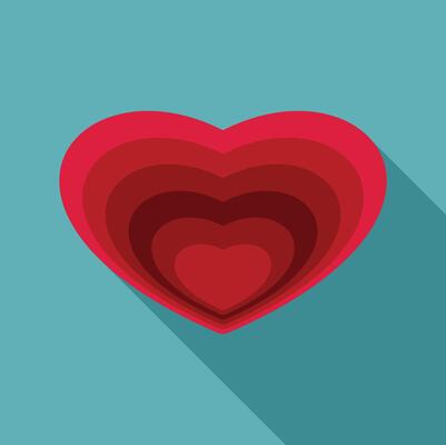 Red layered heart creating depth and shadows on turquoise background
