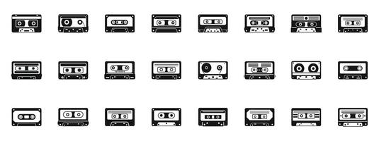 Stereo cassettes icon set. Large set of audio cassettes representing old music recording technology vector