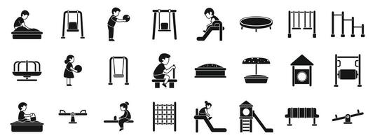 Children play playground icon set. Kids playing on playground equipment, enjoying swings, slides, and sandbox activities vector